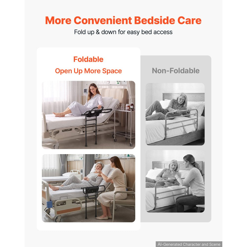 VEVOR Bed Rail for Elderly Adult Folding Bed Assist Rail with Floor Support, Motion Sensor LED Light, 300LBS Dual-Handle Support, Adjustable Handle Length, Storage Pocket, Fit King Queen Full Twin Bed