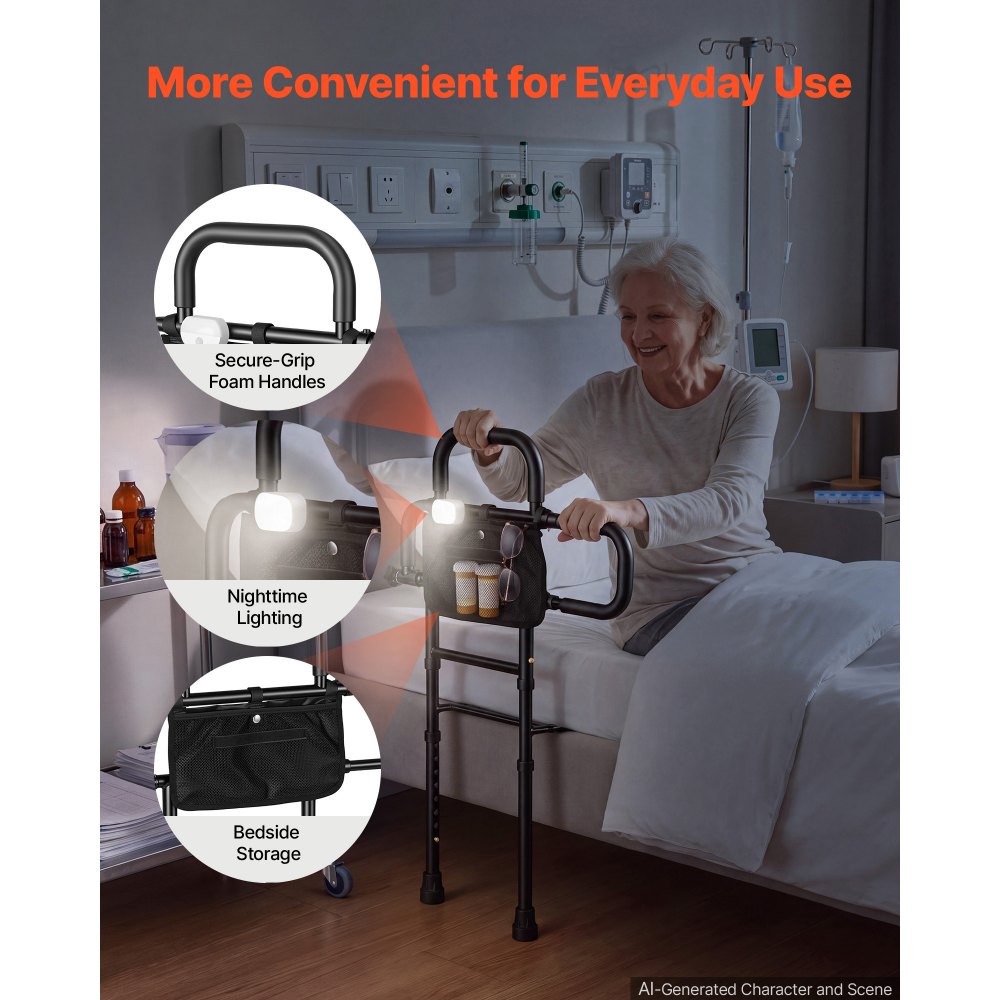 VEVOR Bed Rail for Elderly Adult Folding Bed Assist Rail with Floor Support, Motion Sensor LED Light, 300LBS Dual-Handle Support, Adjustable Handle Length, Storage Pocket, Fit King Queen Full Twin Bed
