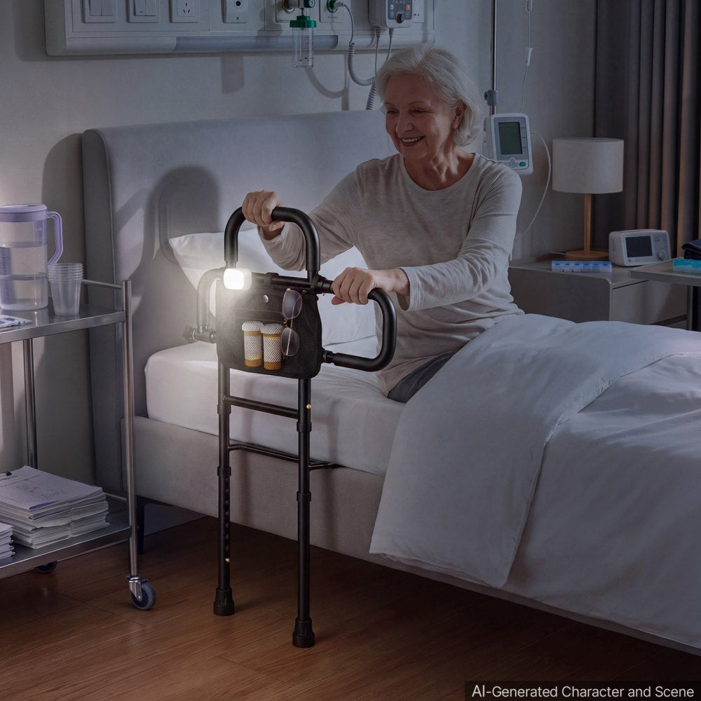 VEVOR Bed Rail for Elderly Adult Folding Bed Assist Rail with Floor Support, Motion Sensor LED Light, 300LBS Dual-Handle Support, Adjustable Handle Length, Storage Pocket, Fit King Queen Full Twin Bed
