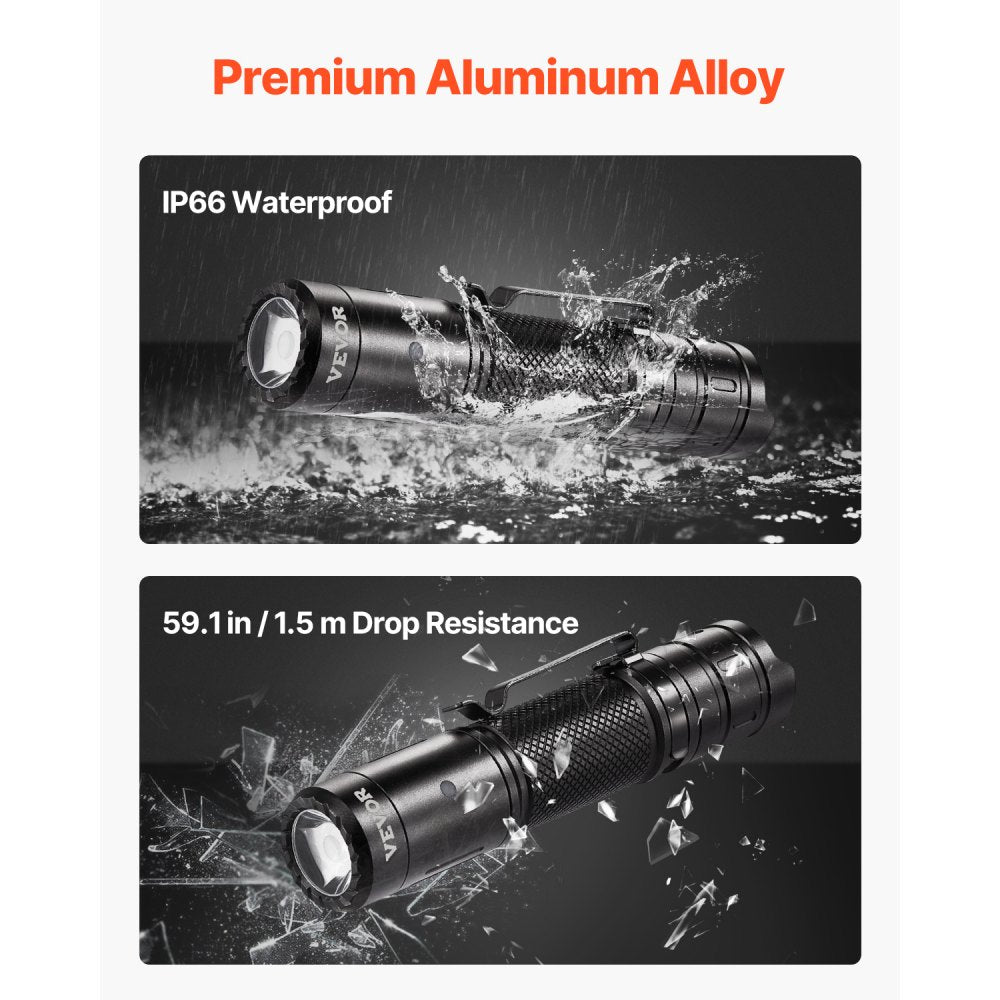 VEVOR Rechargeable Flashlight, High Lumens LED Flashlight with 6 Lighting Modes, IP66 Waterproof Handheld Flash Light for Home, Hiking, Camping, Emergencies, Lightweight & Portable