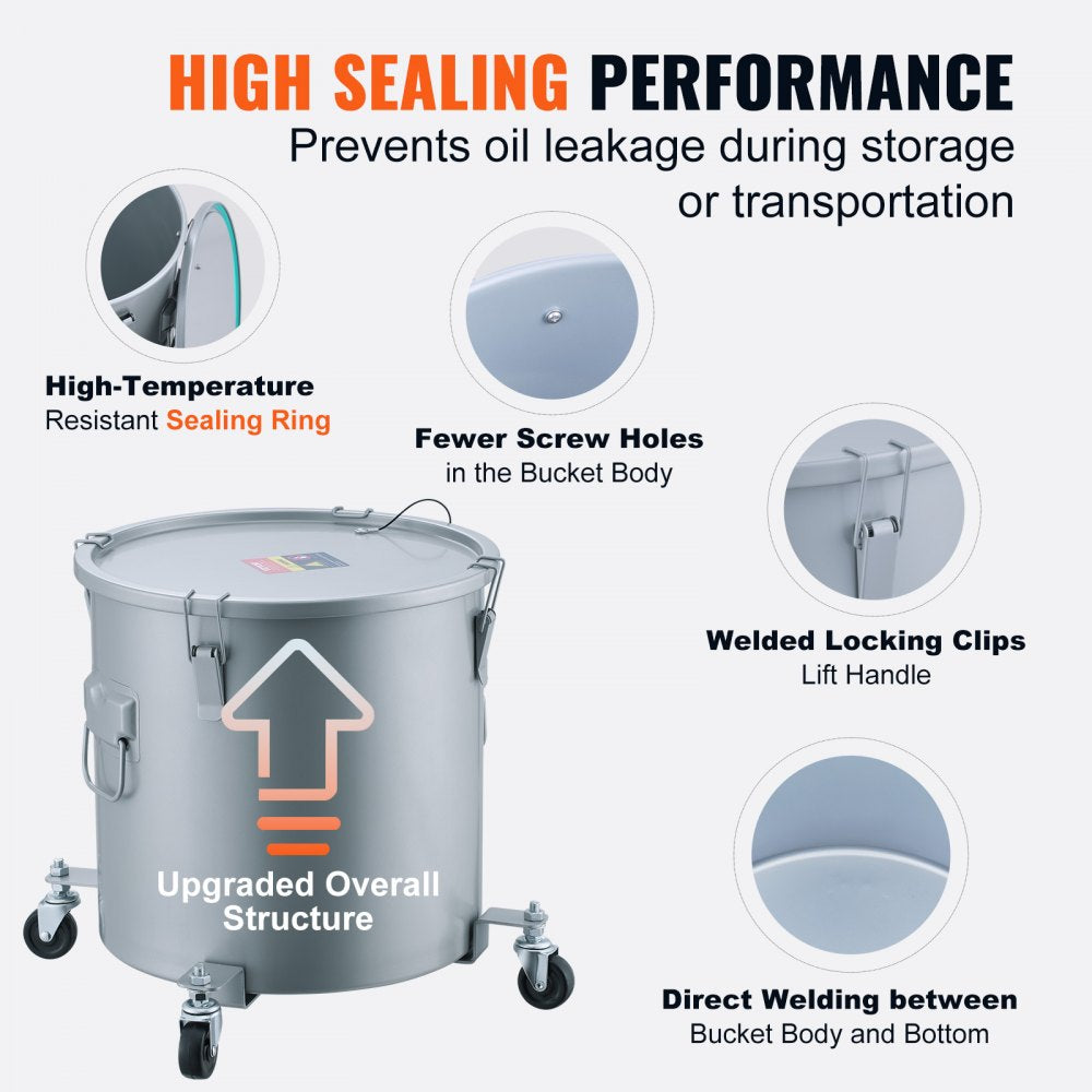 VEVOR Fryer Grease Bucket, 10 Gal Oil Disposal Caddy with Caster Base, Carbon Steel Rust-Proof Coating, Oil Transport Container with Lid, Lock Clips, Filter Bag for Hot Cooking Oil Filtering, Gray