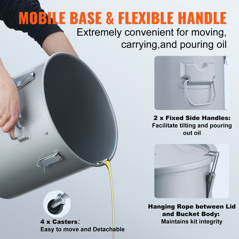 VEVOR Fryer Grease Bucket, 8 Gal Oil Disposal Caddy with Caster Base, Carbon Steel with Rust-Proof Coating, Oil Transport Container with Lid, Lock Clips, Filter Bag for Hot Cooking Oil Filtering, Gray