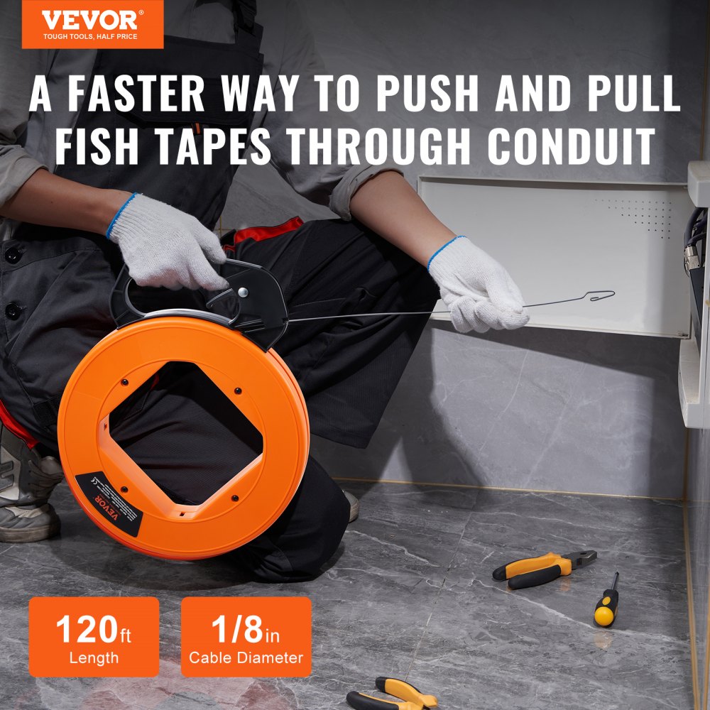 VEVOR Fish Tape, 120-foot, 1/8-inch, Steel Wire Puller with Optimized Housing and Handle, Easy-to-Use Cable Puller Tool, Flexible Wire Fishing Tools for Walls and Electrical Conduit, Non-Conductive