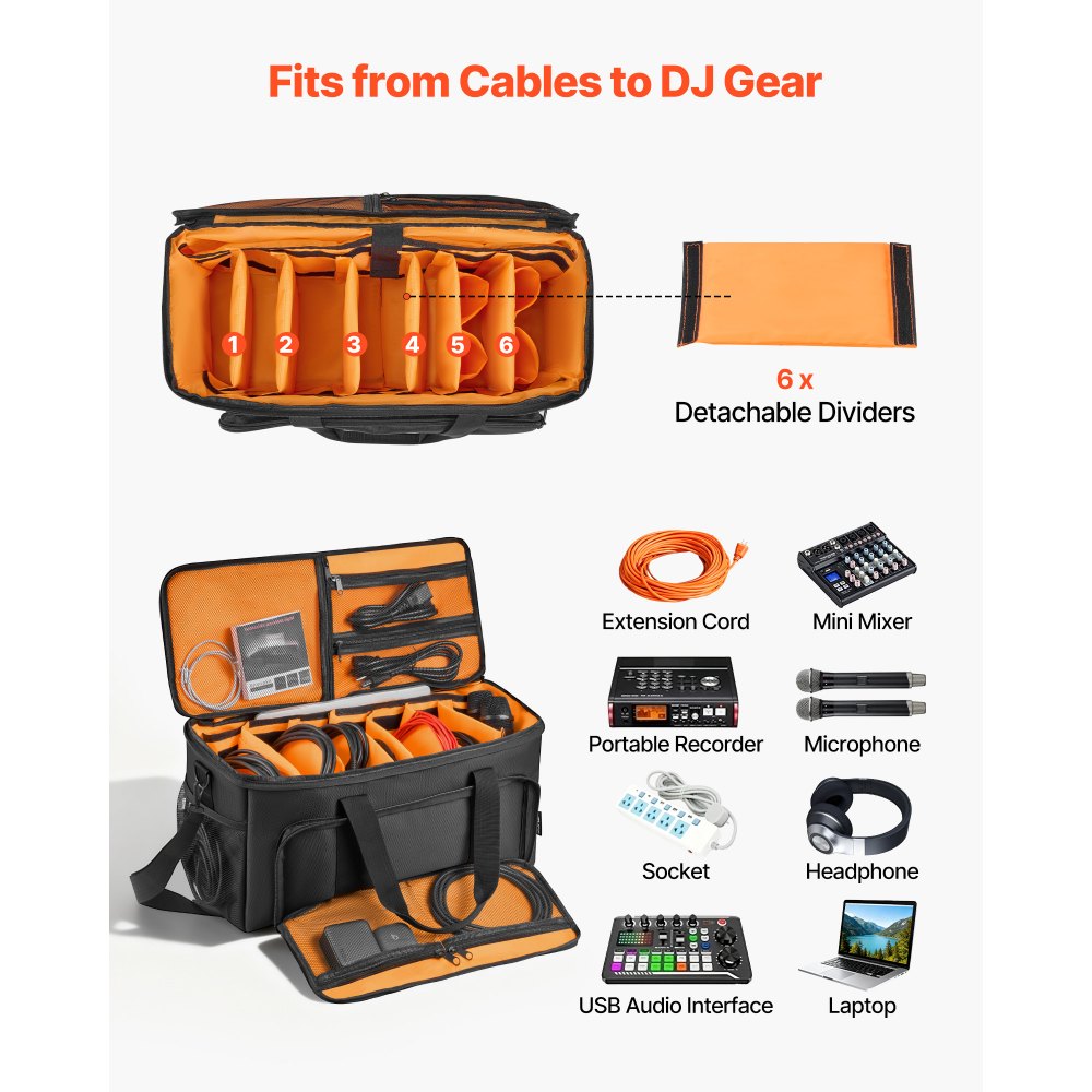 VEVOR Rolling DJ Cable Bag, 1680D, Padded File Gig Bag with Wheels, 6 Detachable Divider, Travel Storage Music Gear Case, for Professional DJ Gear, Musical Instrument and Accessories, Sound Equipment