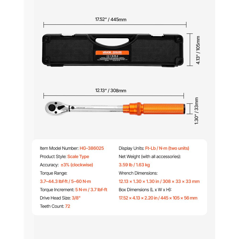 VEVOR Click Torque Wrench Set, 3/8 Inch Drive, 5-60 N.m / 3.7-44.3 lbf.ft, Dual-direction, 72-Tooth, ±3% High Precision, with Sockets, Bits, Extension Bar, Spark Plug Sockets, Adapter, Orange