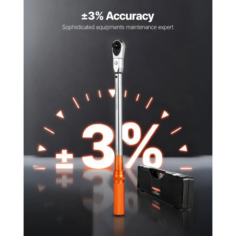 VEVOR Adjustable Click Torque Wrench, 1/2 Inch Drive, 20-160 lbf-ft/27.1-216.8 N.m, Dual-direction and Dual Range Scales, 72-Tooth, ±2% Precision, with Adapter Interchangeable Jaw and Ratchet Head