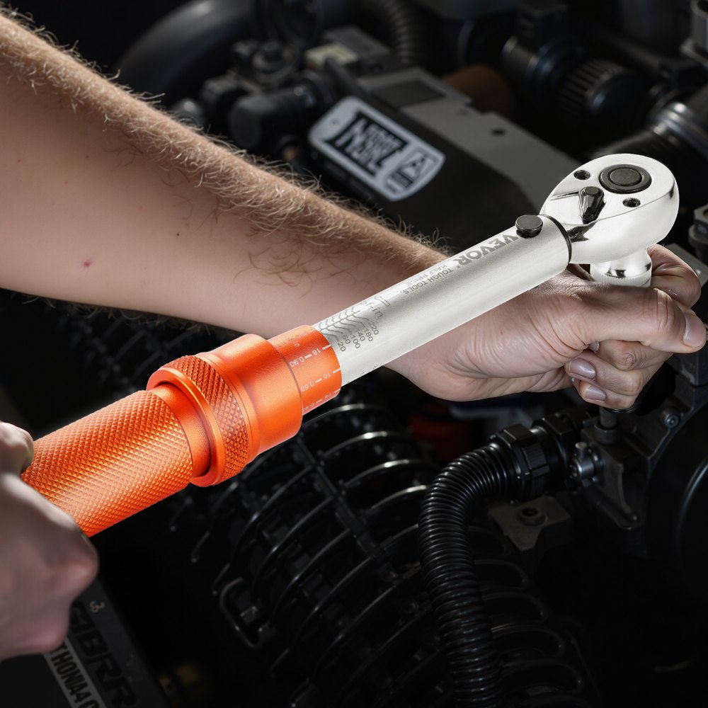 VEVOR Click Torque Wrench Set, 1/4Inch Drive, 20-240 lbf-in / 2.3-27.1N.m, Dual-direction and Dual Range Scales, 72-Tooth, ±3% High Precision, with Bits, Sockets, Adapters, Extension Bar, Orange