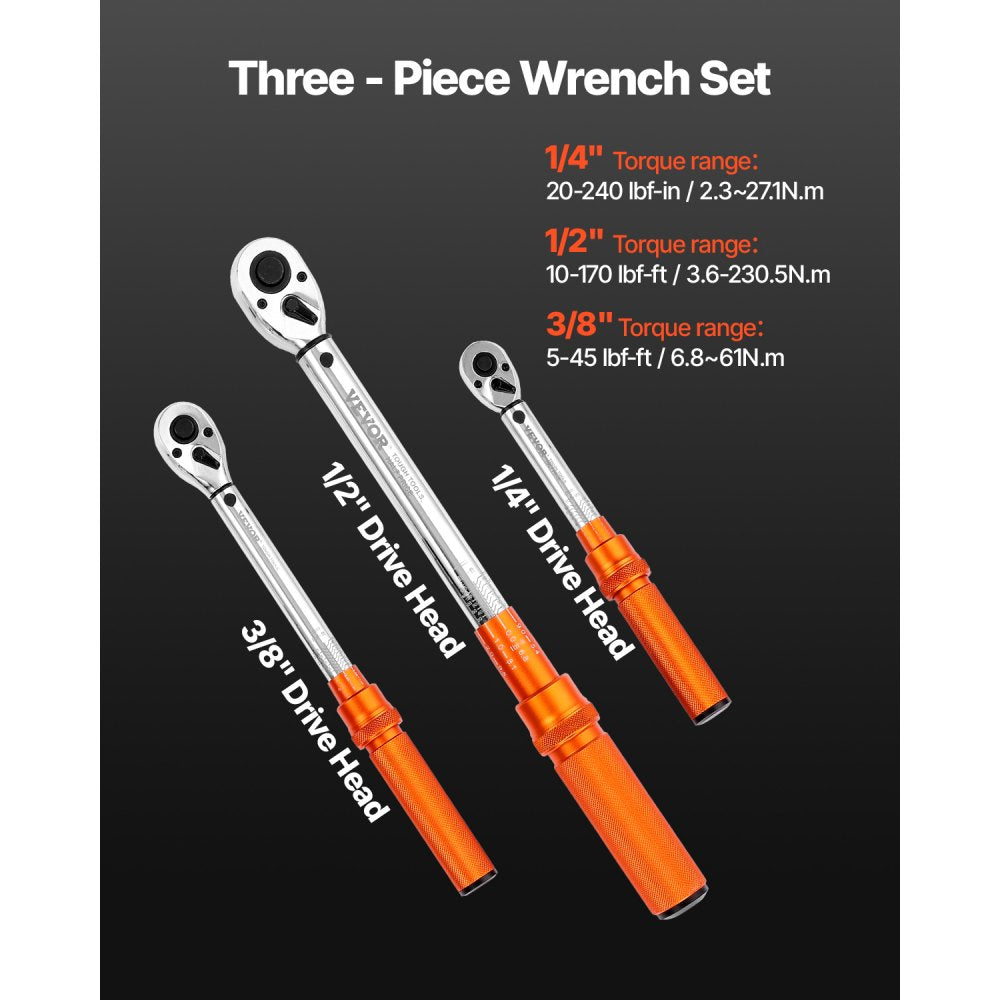VEVOR Click Torque Wrench Set, 3 Pieces, 1/4, 3/8, 1/2 Inch Drive, 10-170 lbf-ft, 5-45 lbf-ft, 20-240 lbf-in, Dual-direction and Dual Range Scales, 72-Tooth, ±3% High Precision, for Bicycle Repair
