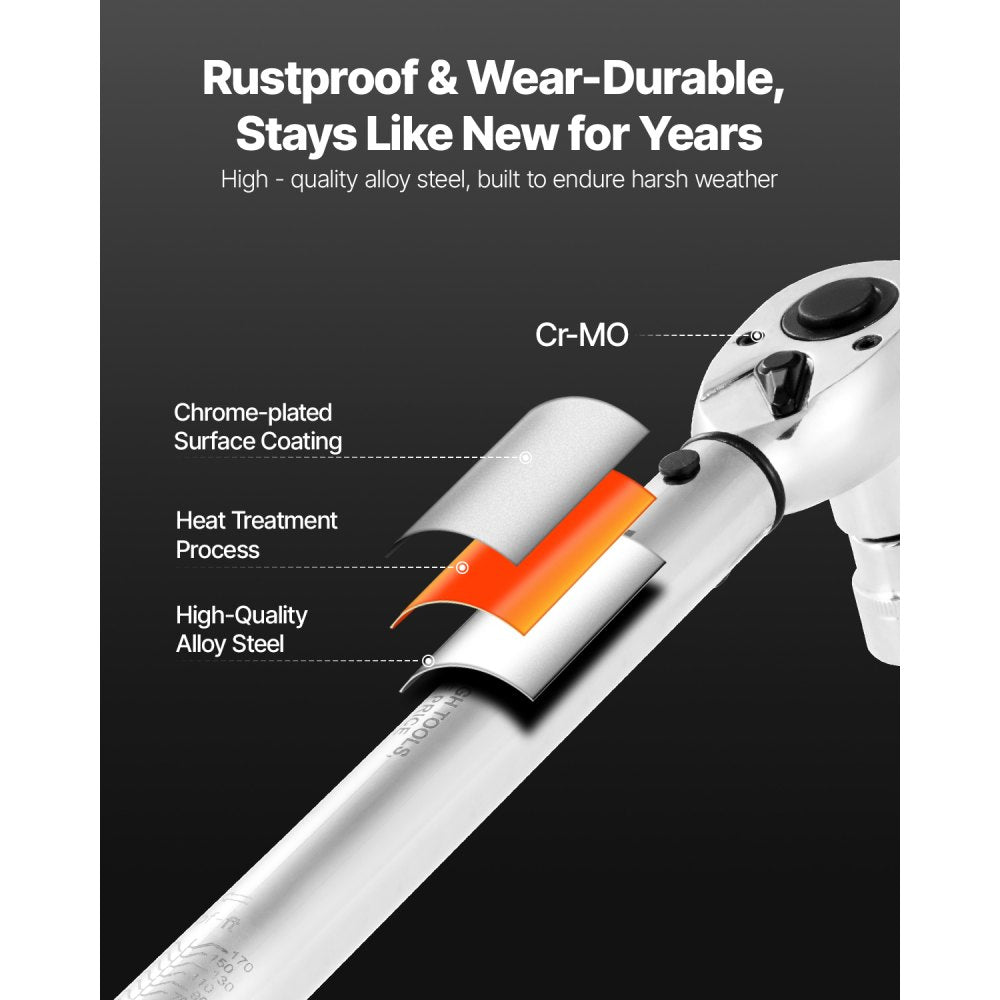 VEVOR Click Torque Wrench Set, 3 Pieces, 1/4, 3/8, 1/2 Inch Drive, 10-170 lbf-ft, 5-45 lbf-ft, 20-240 lbf-in, Dual-direction and Dual Range Scales, 72-Tooth, ±3% High Precision, for Bicycle Repair