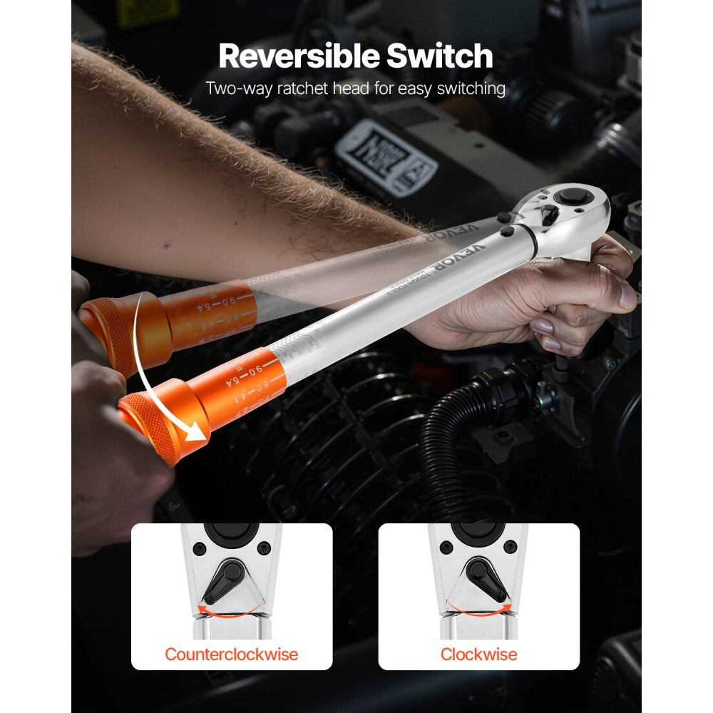 VEVOR Click Torque Wrench Set, 3 Pieces, 1/4, 3/8, 1/2 Inch Drive, 10-170 lbf-ft, 5-45 lbf-ft, 20-240 lbf-in, Dual-direction and Dual Range Scales, 72-Tooth, ±3% High Precision, for Bicycle Repair