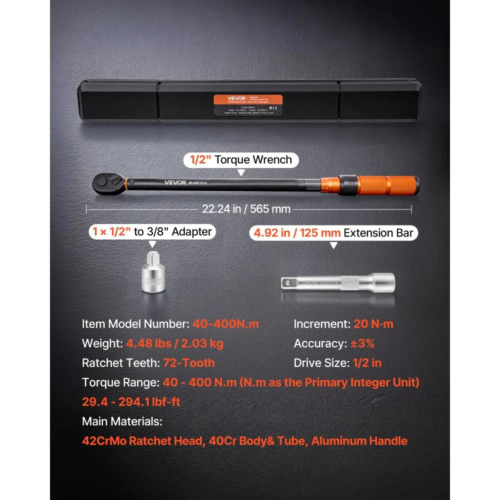 VEVOR Torque Wrench 1/2-inch Drive Click Torque Wrench ±3% High Precision, 29.4-294.1 lbf-ft / 40-400 N.m, Dual Scale Readings, with Extension Bar, Adapter and Storage Case, for Automotive Repair