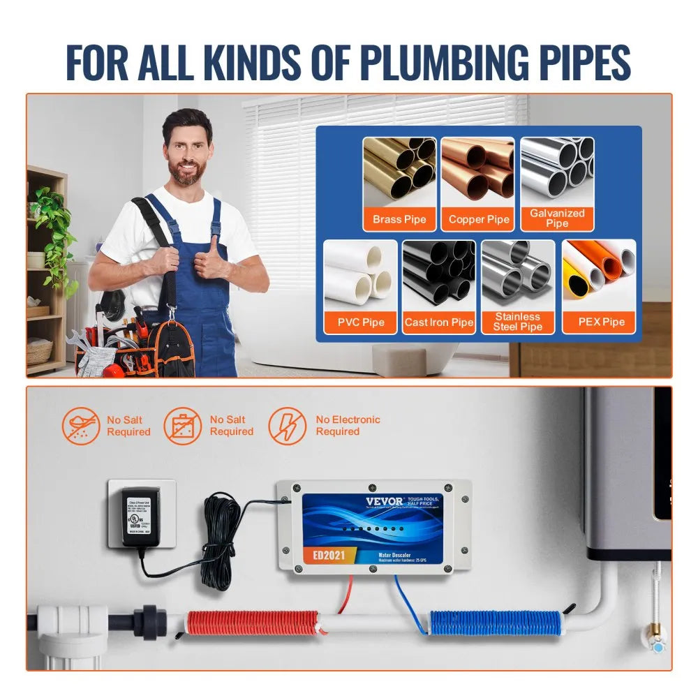 VEVOR Electronic Water Descaler System, Whole House Salt Free Descaler, Hard Water Conditioner to Reduces Scale Build-Up, for All Kinds of Plumbing Pipes, Durable for Over 6 Years