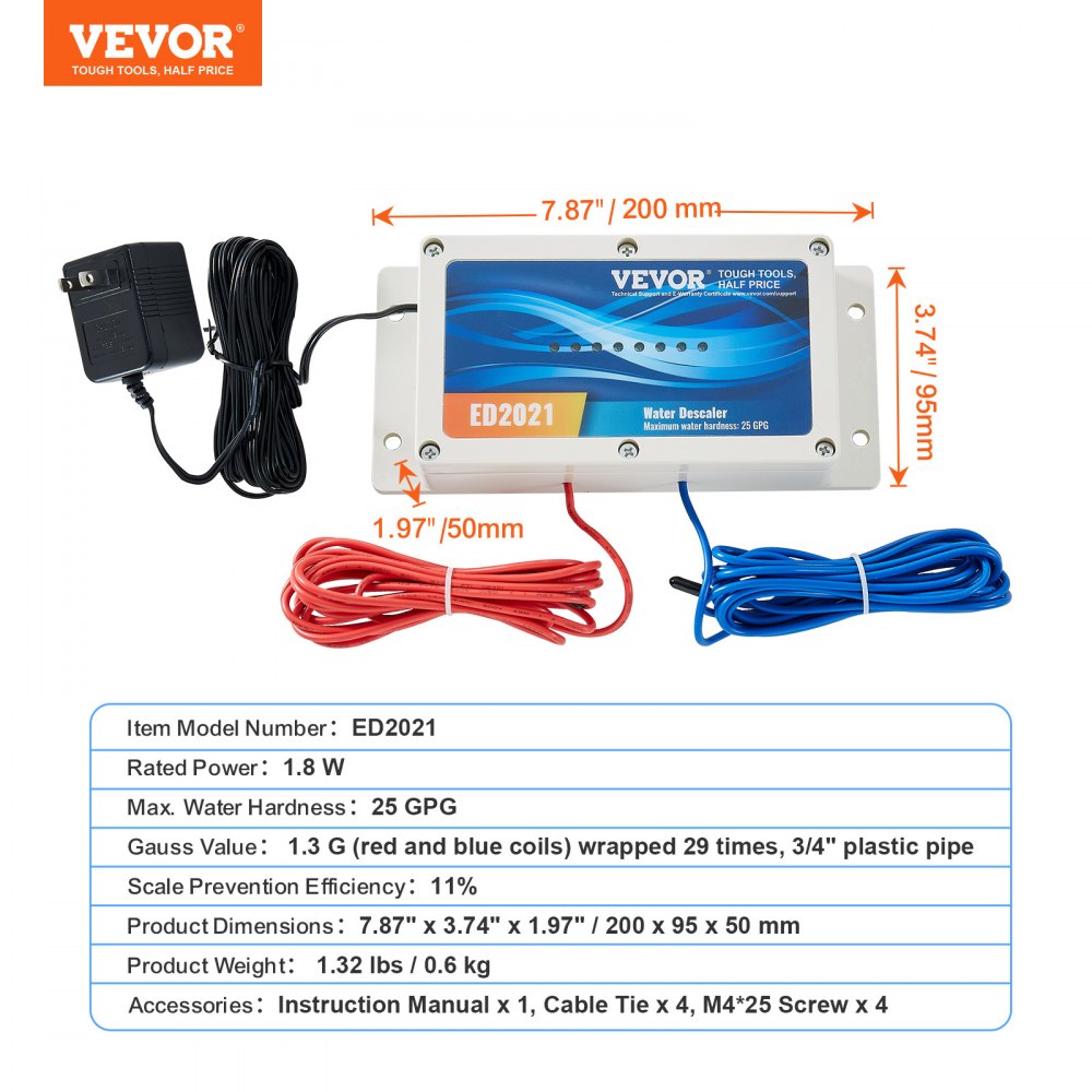 VEVOR Electronic Water Descaler System, Whole House Salt Free Descaler, Hard Water Conditioner to Reduces Scale Build-Up, for All Kinds of Plumbing Pipes, Durable for Over 6 Years