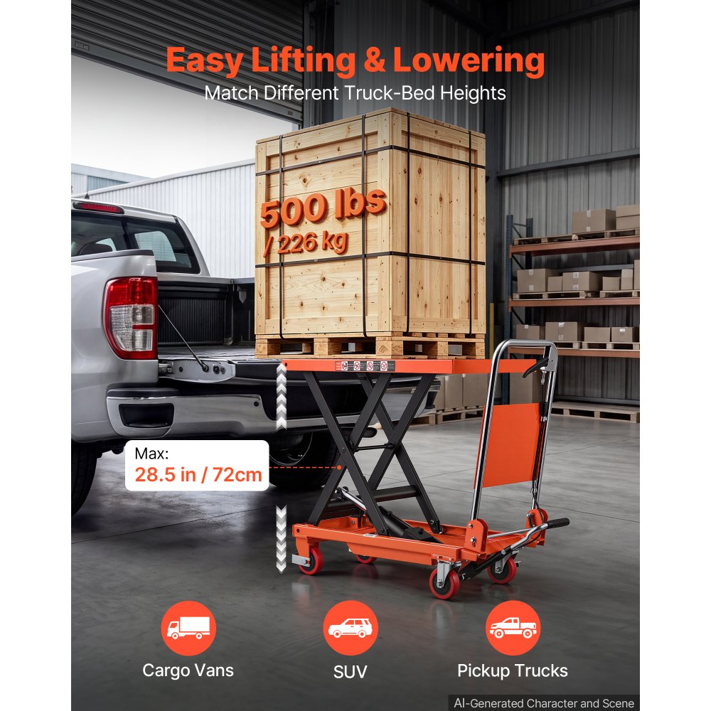 VEVOR Hydraulic Lift Table Cart, 500 lbs Capacity 28.5 in Lifting Height, for Material Handling, Moving, Transportation, Manual Single Scissor Lift Table, 4 Wheels and Foldable Handle, Premium Steel
