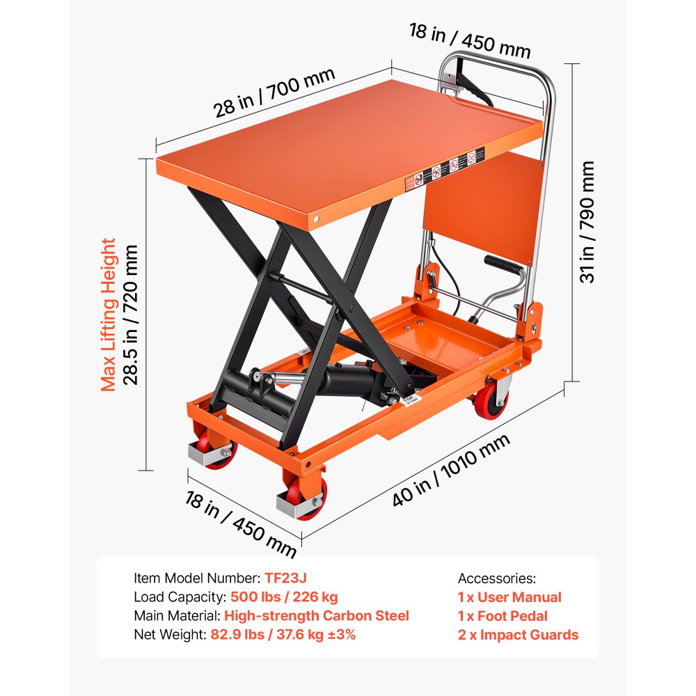 VEVOR Hydraulic Lift Table Cart, 500 lbs Capacity 28.5 in Lifting Height, for Material Handling, Moving, Transportation, Manual Single Scissor Lift Table, 4 Wheels and Foldable Handle, Premium Steel