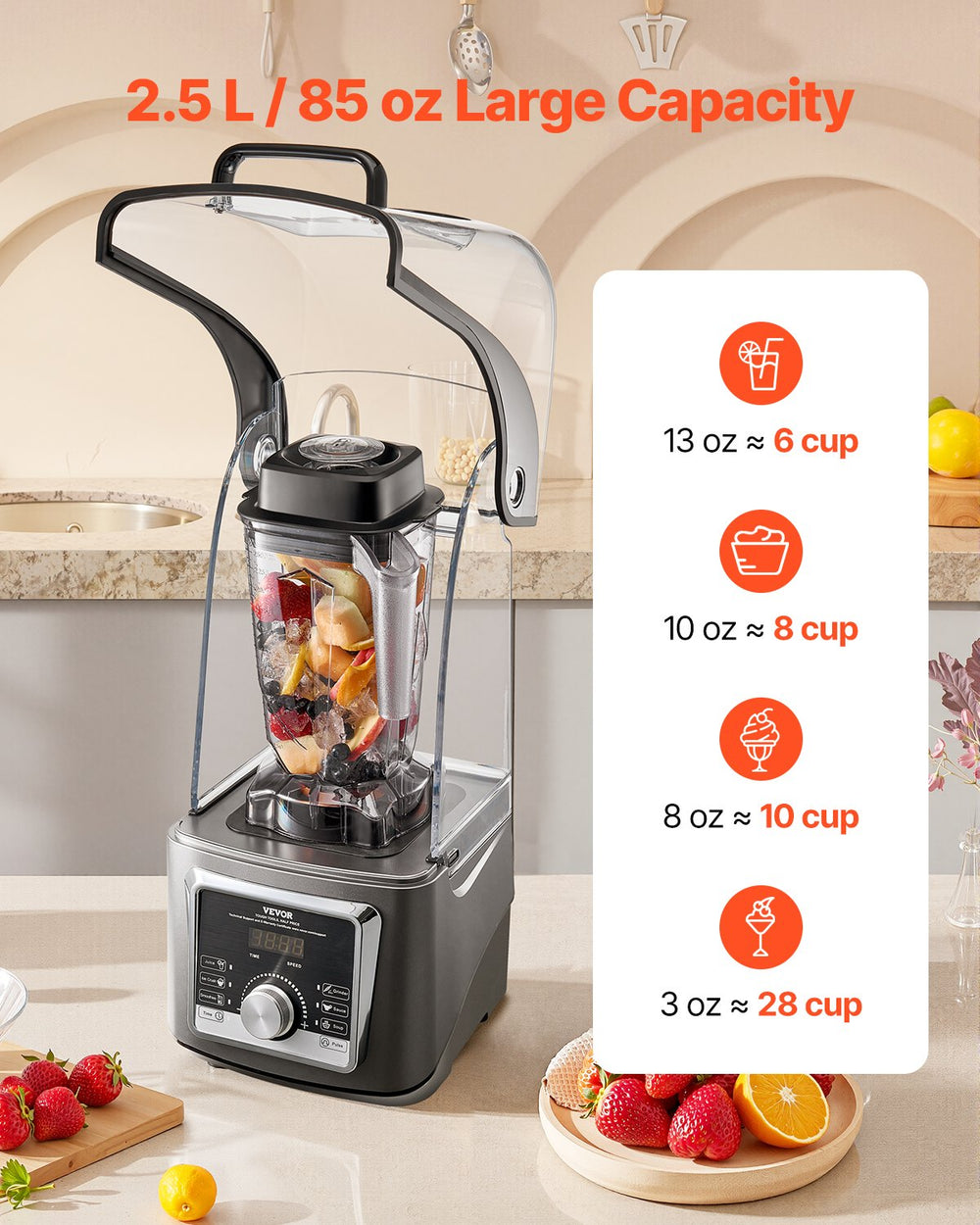VEVOR Blender for Smoothies, 85 oz 1400W, Professional Blender with Powerful Motor, Multi-Functional Food Processing Blender with Noise Cover for Smoothie/Milkshake/Juice, Fits for Kitchen