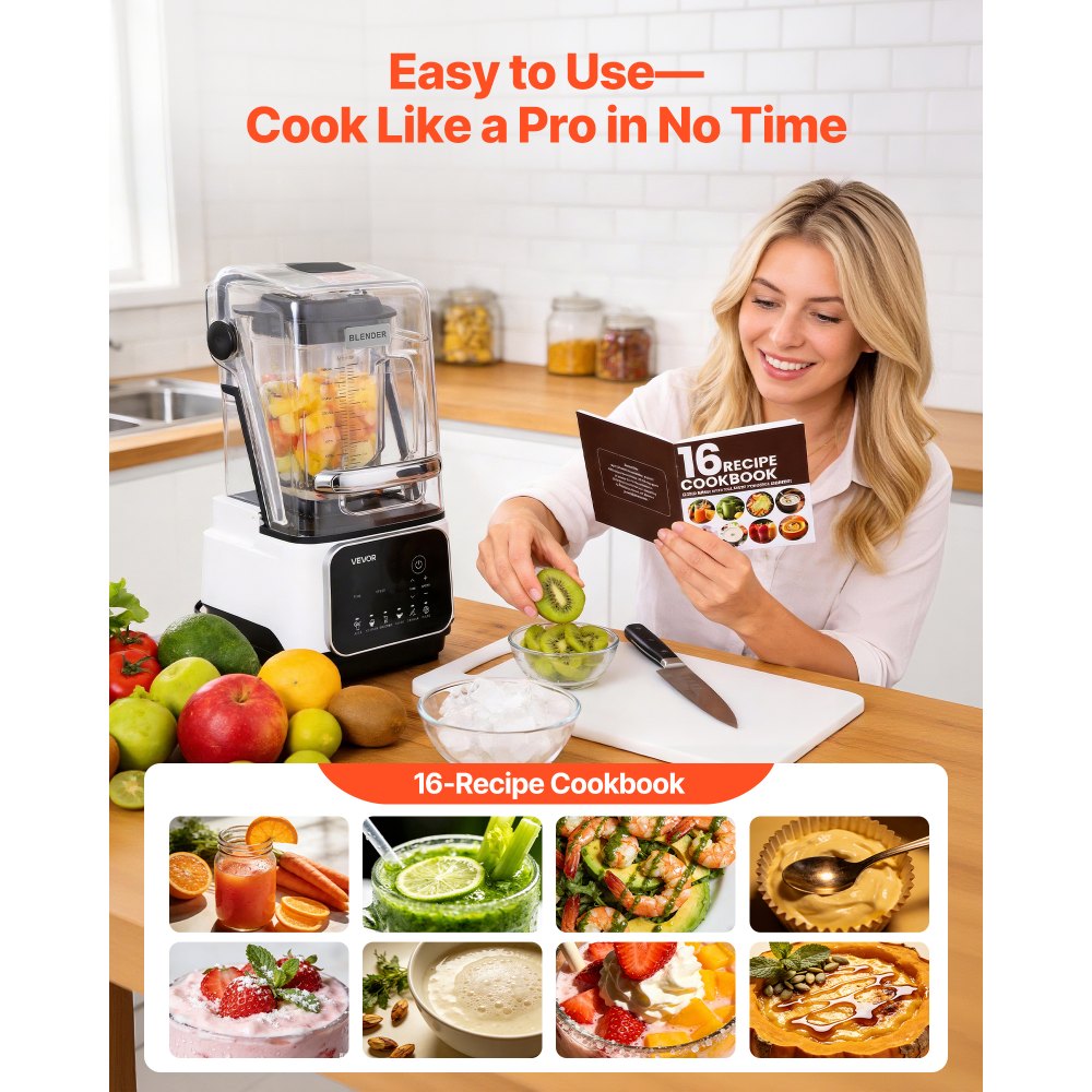 VEVOR Blender, 68 oz Professional Countertop Blenders with Shield, 2200W 26000RPM Kitchen Food Processor Combo, Self-Cleaning, Speed Adjustable, 6 Preset Menu for Smoothies, Ice Crushing, Puree, White