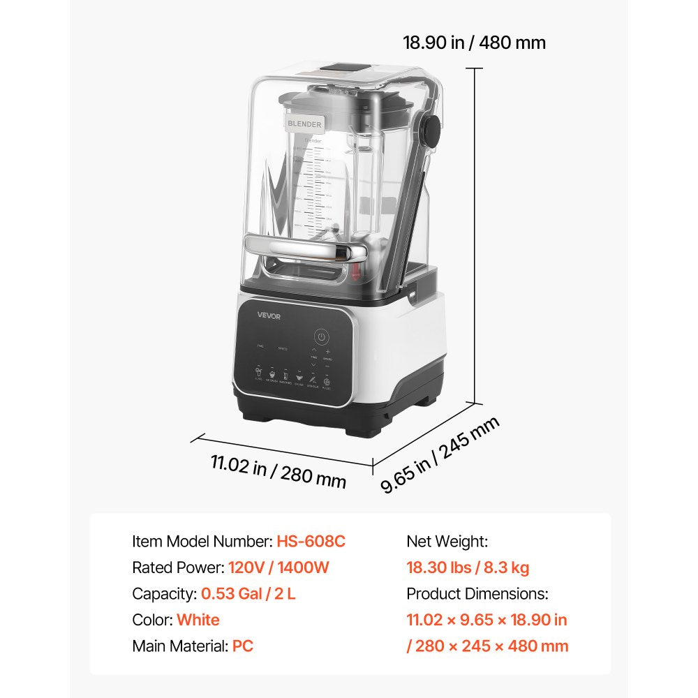 VEVOR Blender, 68 oz Professional Countertop Blenders with Shield, 2200W 26000RPM Kitchen Food Processor Combo, Self-Cleaning, Speed Adjustable, 6 Preset Menu for Smoothies, Ice Crushing, Puree, White