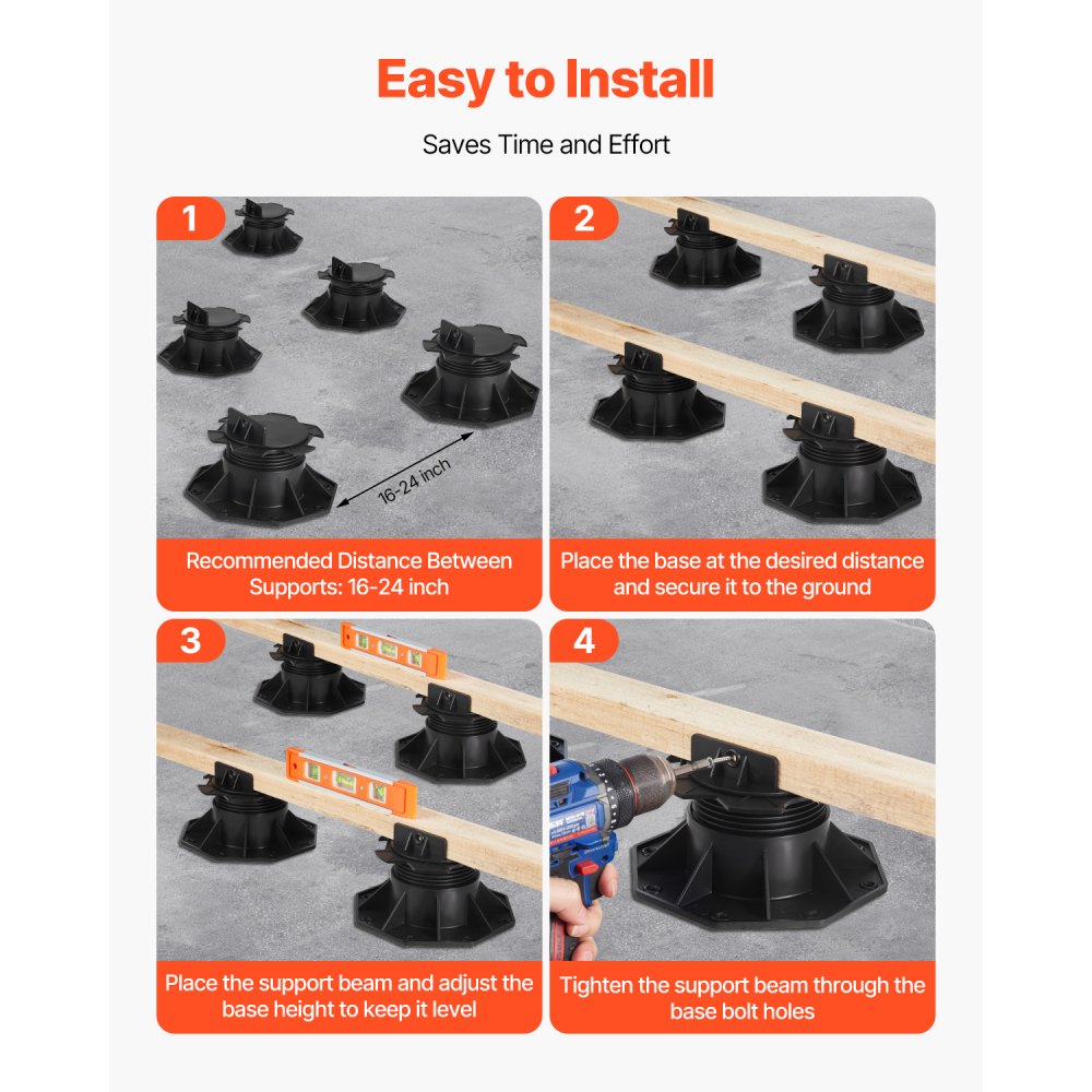 VEVOR Deck Blocks 24 PCS, 2000lbs / 907.18kg Load Capacity Deck Support Plastic Pedestal Paver, Raising 2.36 - 5.31 inch / 60 - 135 mm, Height Adjustable Shed Foundation Base for Wood Concrete Metal