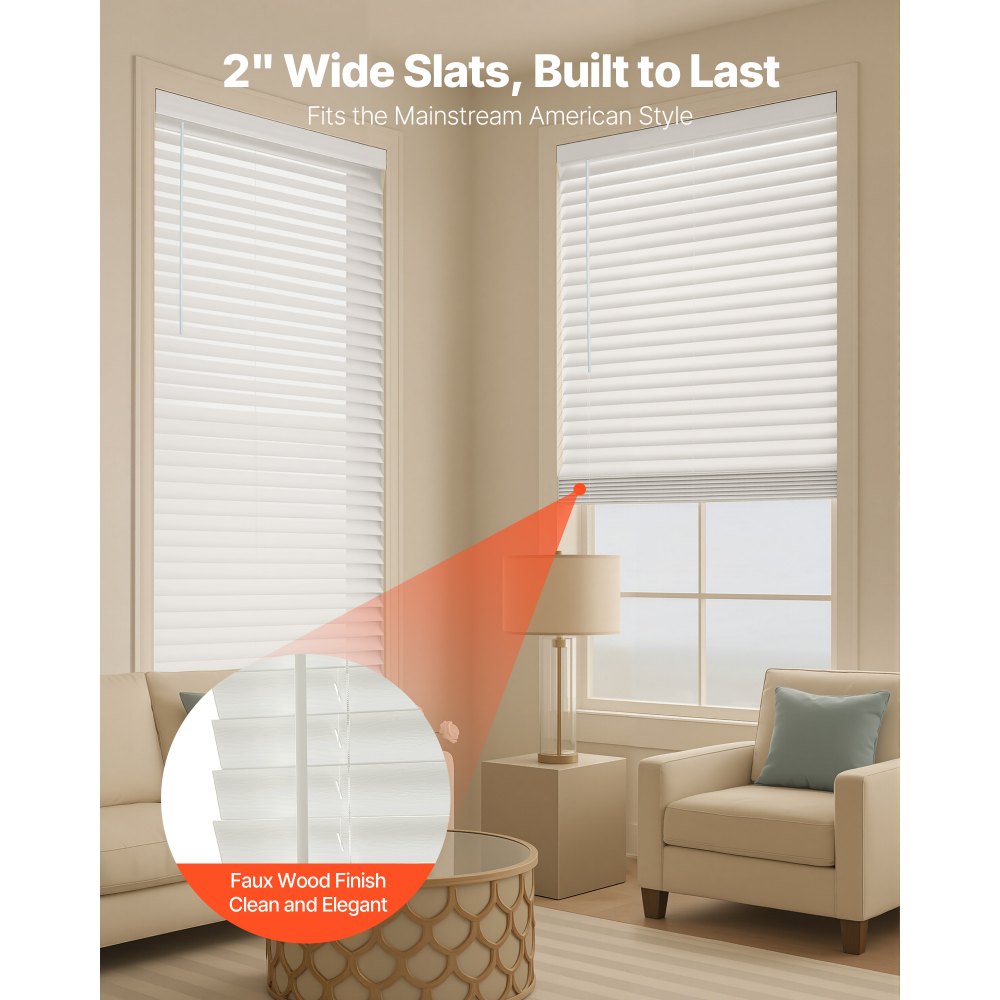 VEVOR Faux Wood Blinds, 2" Slat, 34.5" W x 60" H, Cordless Window Blinds and Shades with Decorative Board, Easy to Clean and Simple Light Adjustment, for Room Darkening, Home Interior Windows, White