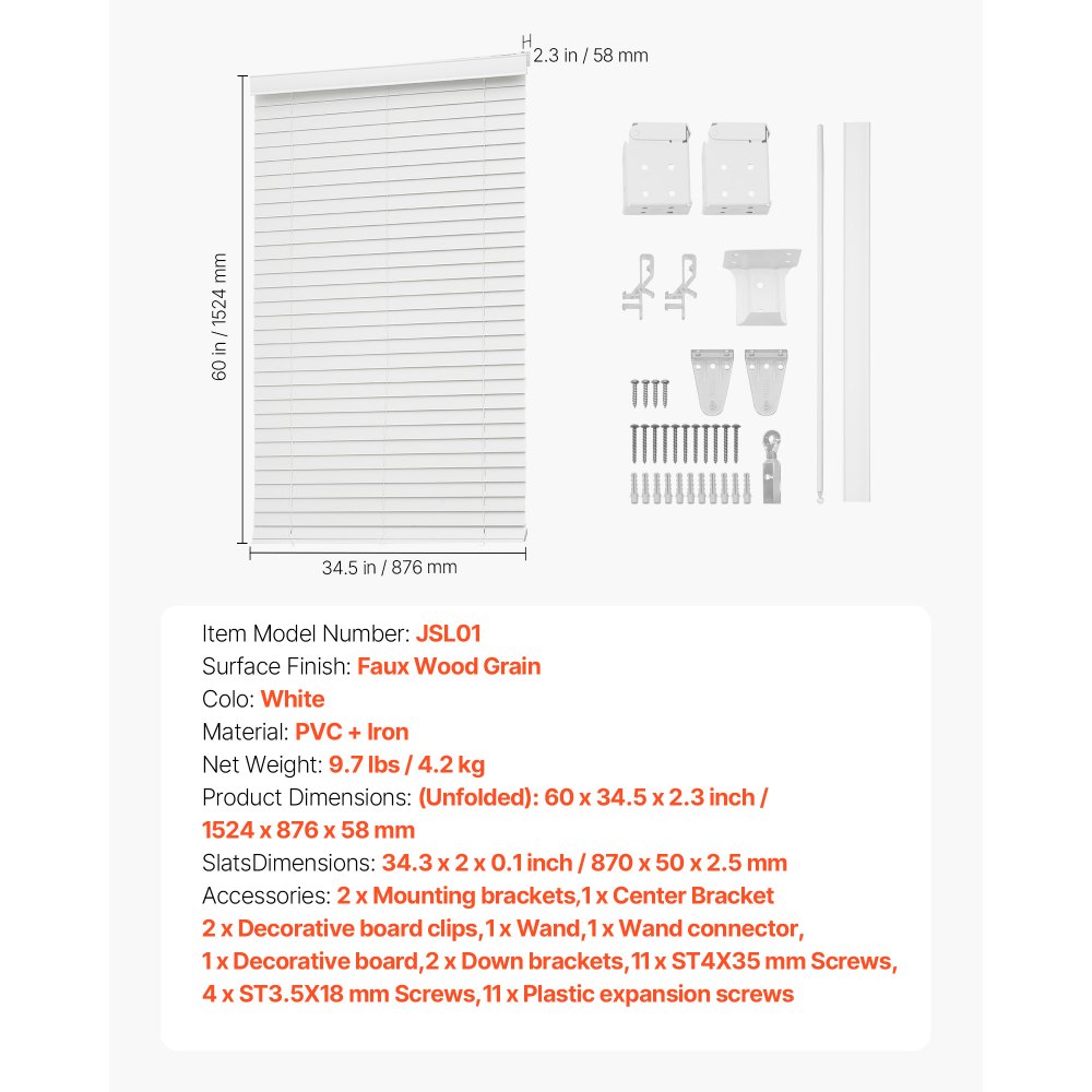 VEVOR Faux Wood Blinds, 2" Slat, 34.5" W x 60" H, Cordless Window Blinds and Shades with Decorative Board, Easy to Clean and Simple Light Adjustment, for Room Darkening, Home Interior Windows, White