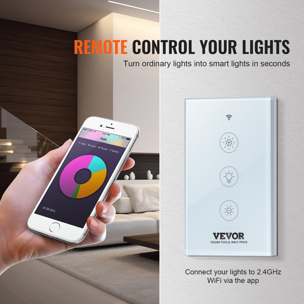 VEVOR 2PCS WiFi Smart Light Dimmer Switch, 100-250V AC Wi-Fi 2.4GHz, 15% to 85% Stepless Dimming LED Dimmable Smart Switch with Touch Panel, App Remote Control Voice Compatible with Alexa Google Home