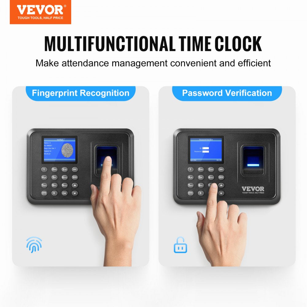 VEVOR Time Clock, Fingerprint Time Clocks for Employees Small Business, Biometric Time Clock with USB Drive,  Automatic Punch In/Out, No Monthly Fees