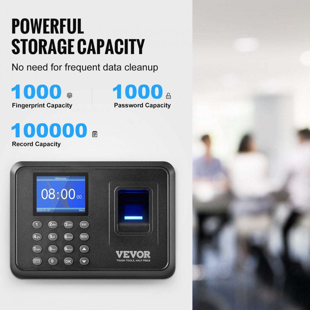 VEVOR Time Clock, Fingerprint Time Clocks for Employees Small Business, Biometric Time Clock with USB Drive,  Automatic Punch In/Out, No Monthly Fees