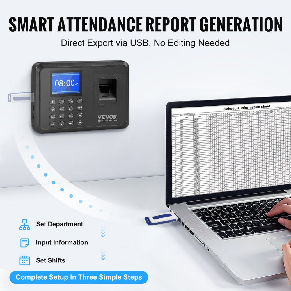 VEVOR Time Clock, Fingerprint Time Clocks for Employees Small Business, Biometric Time Clock with USB Drive,  Automatic Punch In/Out, No Monthly Fees