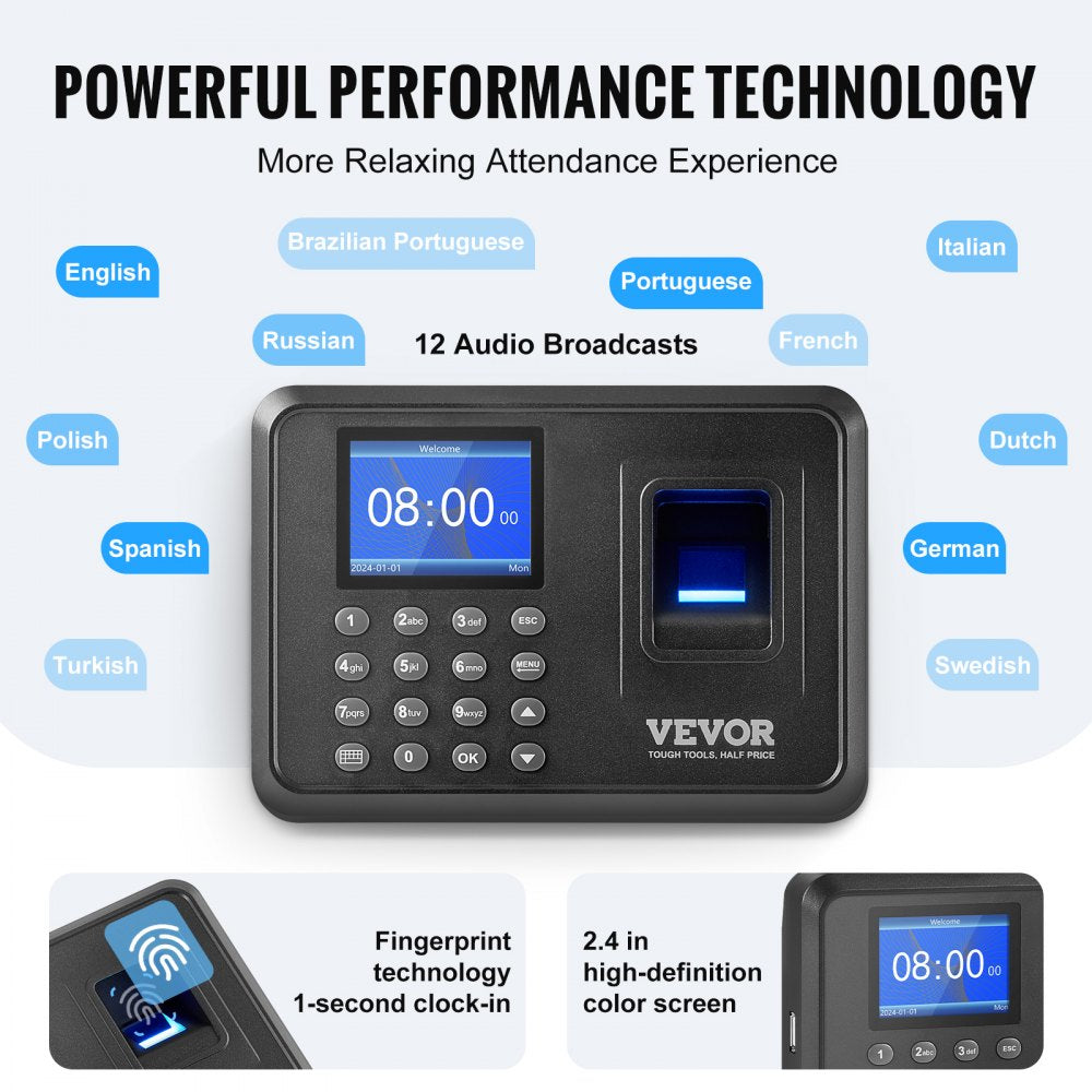 VEVOR Time Clock, Fingerprint Time Clocks for Employees Small Business, Biometric Time Clock with USB Drive,  Automatic Punch In/Out, No Monthly Fees