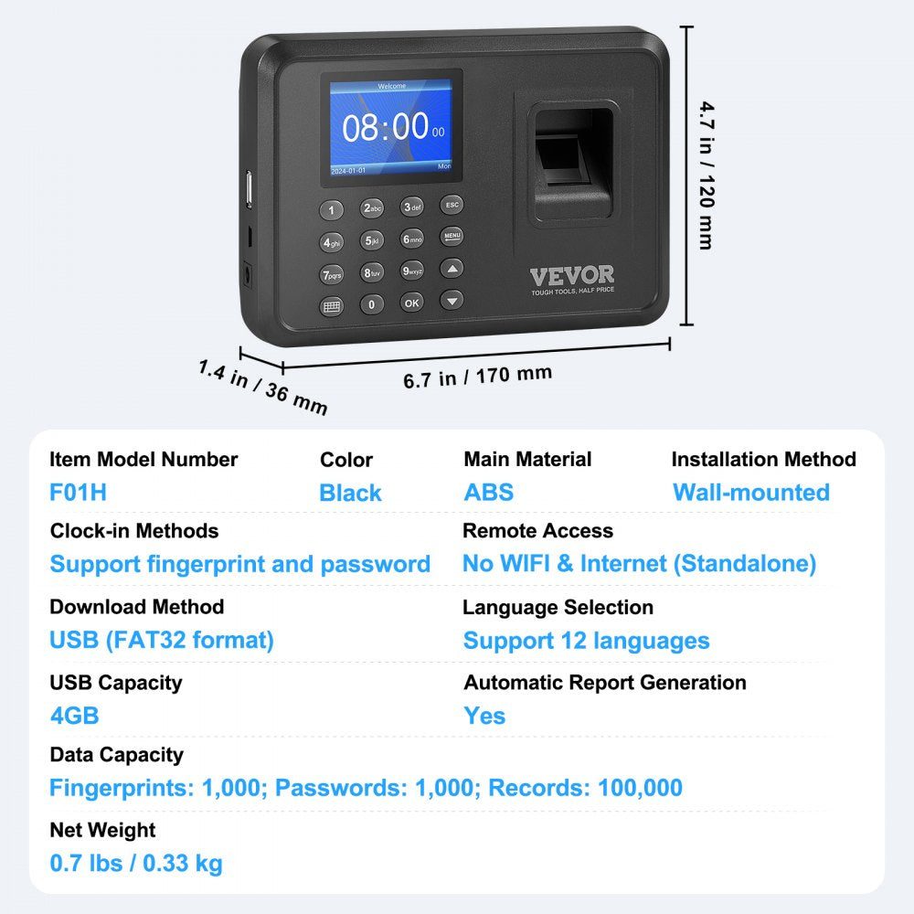 VEVOR Time Clock, Fingerprint Time Clocks for Employees Small Business, Biometric Time Clock with USB Drive,  Automatic Punch In/Out, No Monthly Fees