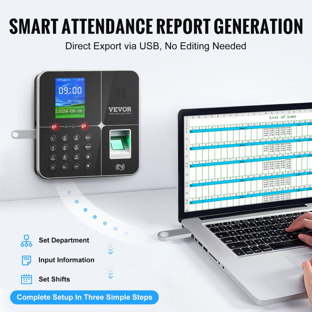 VEVOR Time Clocks for Employees Small Business with Face, Fingerprint, RFID and PIN Punching in One, Biometric Time Clock with 5 RFID Cards & USB Drive, Automatic Punch In/Out, No Monthly Fees
