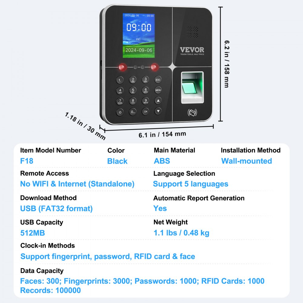 VEVOR Time Clocks for Employees Small Business with Face, Fingerprint, RFID and PIN Punching in One, Biometric Time Clock with 5 RFID Cards & USB Drive, Automatic Punch In/Out, No Monthly Fees
