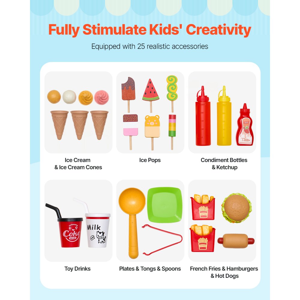 VEVOR Ice Cream Cart for Kids, 20+ PCS Ice Cream Truck Wooden Playset, Pretend Play Stand with Steering Wheel & Chalkboard, Payment Scanner & Freezer, Faucet & Sink, Suitable for Kids 3-7 Years Old