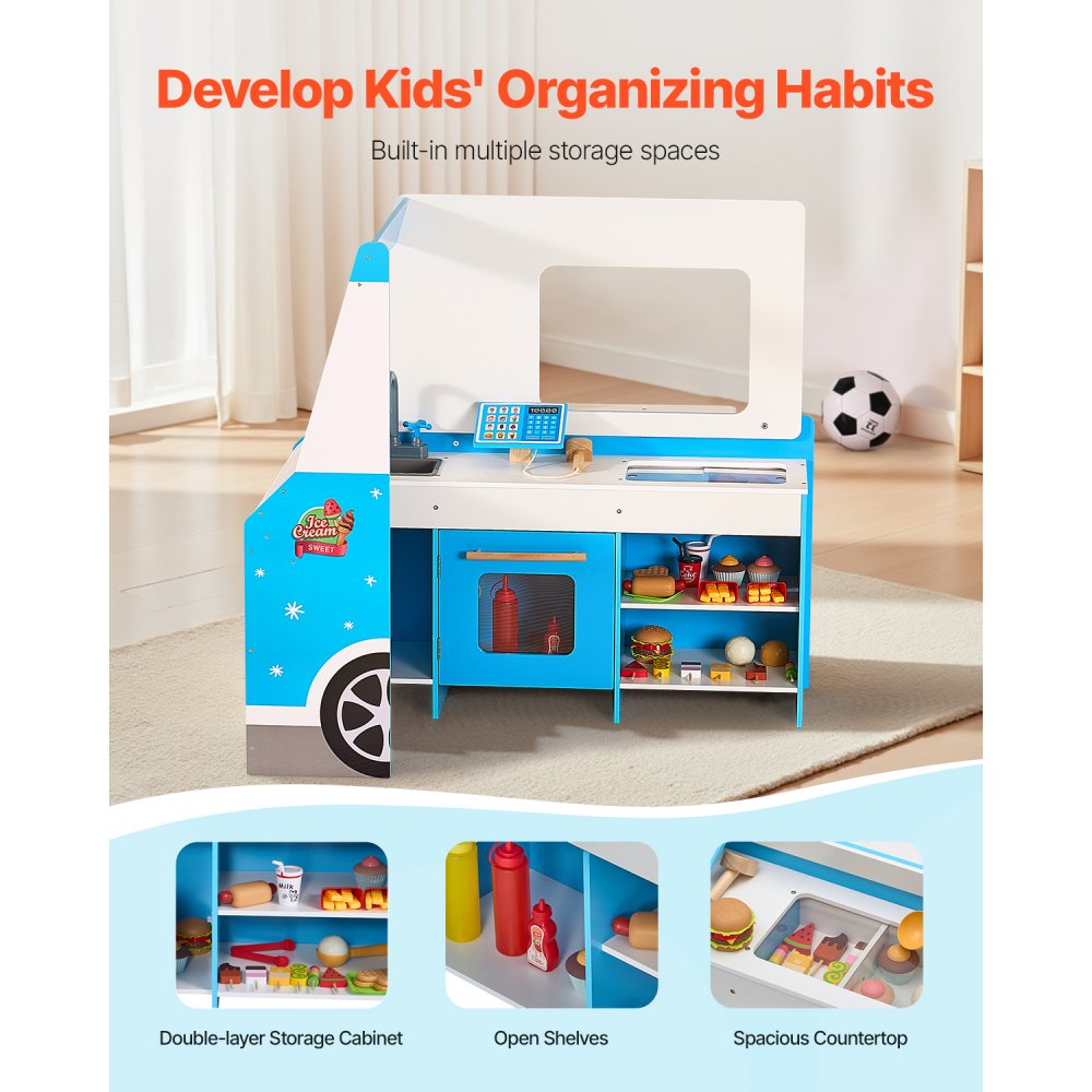 VEVOR Ice Cream Cart for Kids, 20+ PCS Ice Cream Truck Wooden Playset, Pretend Play Stand with Steering Wheel & Chalkboard, Payment Scanner & Freezer, Faucet & Sink, Suitable for Kids 3-7 Years Old