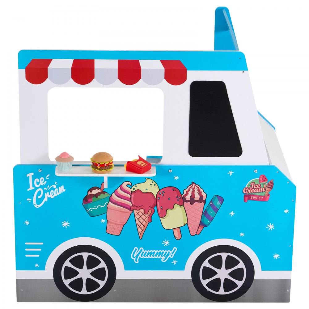 VEVOR Ice Cream Cart for Kids, 20+ PCS Ice Cream Truck Wooden Playset, Pretend Play Stand with Steering Wheel & Chalkboard, Payment Scanner & Freezer, Faucet & Sink, Suitable for Kids 3-7 Years Old