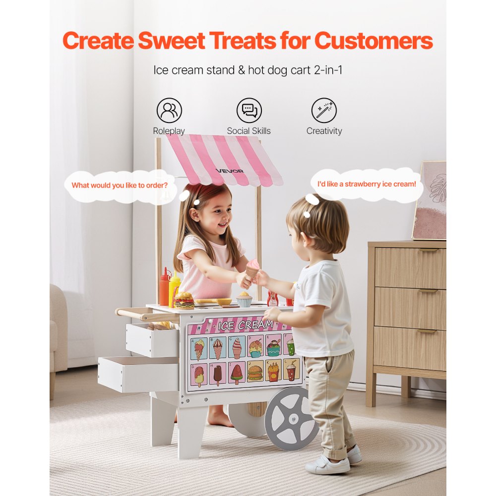 VEVOR Ice Cream Cart for Kids, 20+ PCS Accessories, Pretend Play Ice Cream Shop Kitchen Food Toys with Ice Cream Cone & Popsicle, Awning & Freezer, Storage Drawers & Flipping Menus, For Kids Aged 3-7