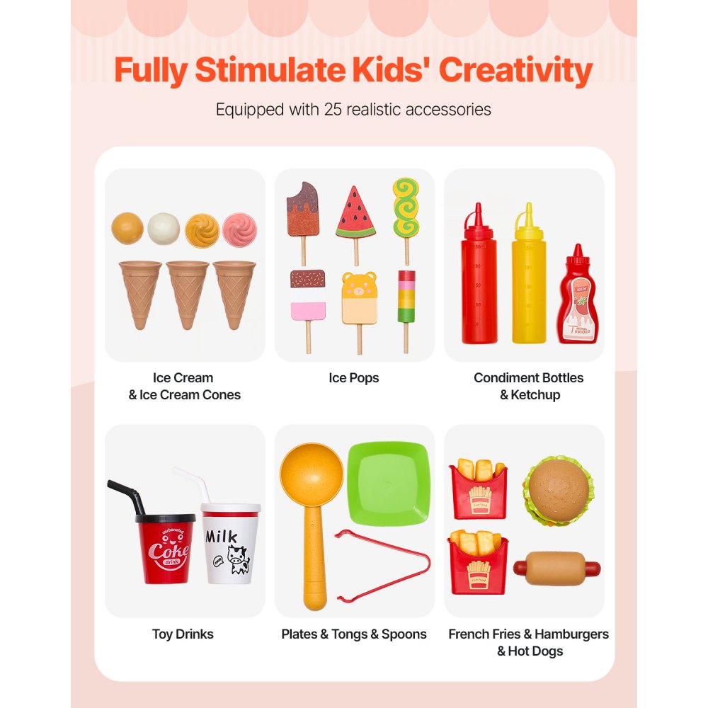 VEVOR Ice Cream Cart for Kids, 20+ PCS Accessories, Pretend Play Ice Cream Shop Kitchen Food Toys with Ice Cream Cone & Popsicle, Awning & Freezer, Storage Drawers & Flipping Menus, For Kids Aged 3-7