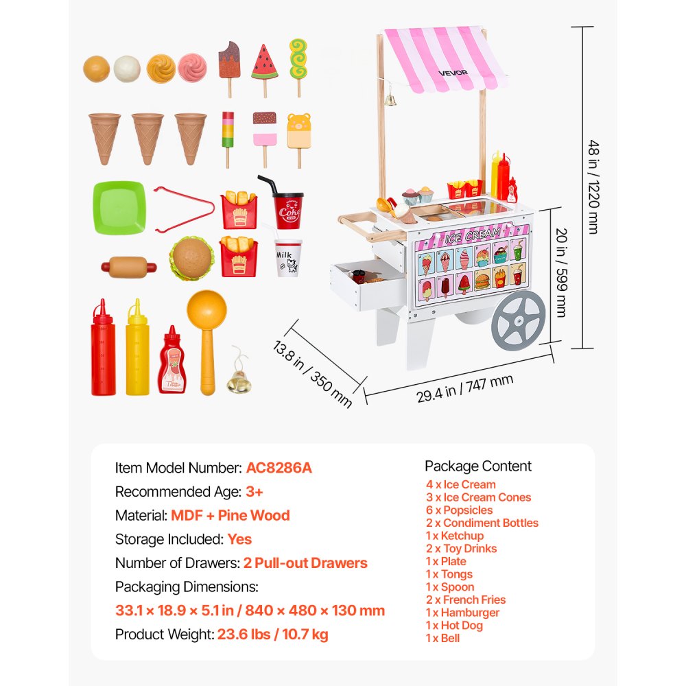 VEVOR Ice Cream Cart for Kids, 20+ PCS Accessories, Pretend Play Ice Cream Shop Kitchen Food Toys with Ice Cream Cone & Popsicle, Awning & Freezer, Storage Drawers & Flipping Menus, For Kids Aged 3-7