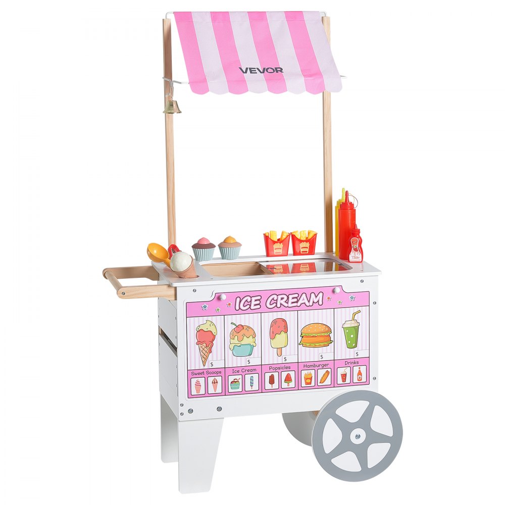 VEVOR Ice Cream Cart for Kids, 20+ PCS Accessories, Pretend Play Ice Cream Shop Kitchen Food Toys with Ice Cream Cone & Popsicle, Awning & Freezer, Storage Drawers & Flipping Menus, For Kids Aged 3-7
