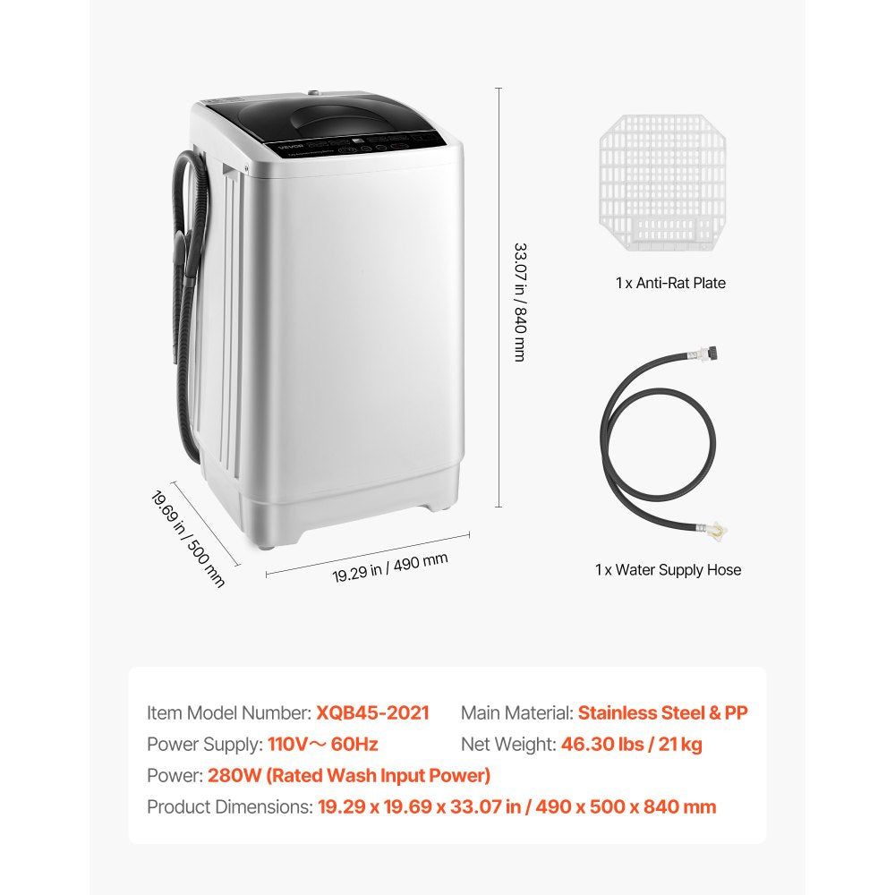 VEVOR Portable Washing Machine - included accessories and key specs overview