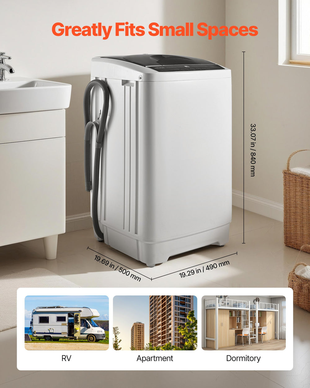 VEVOR Portable Washing Machine - compact size for small spaces (dimensions shown)