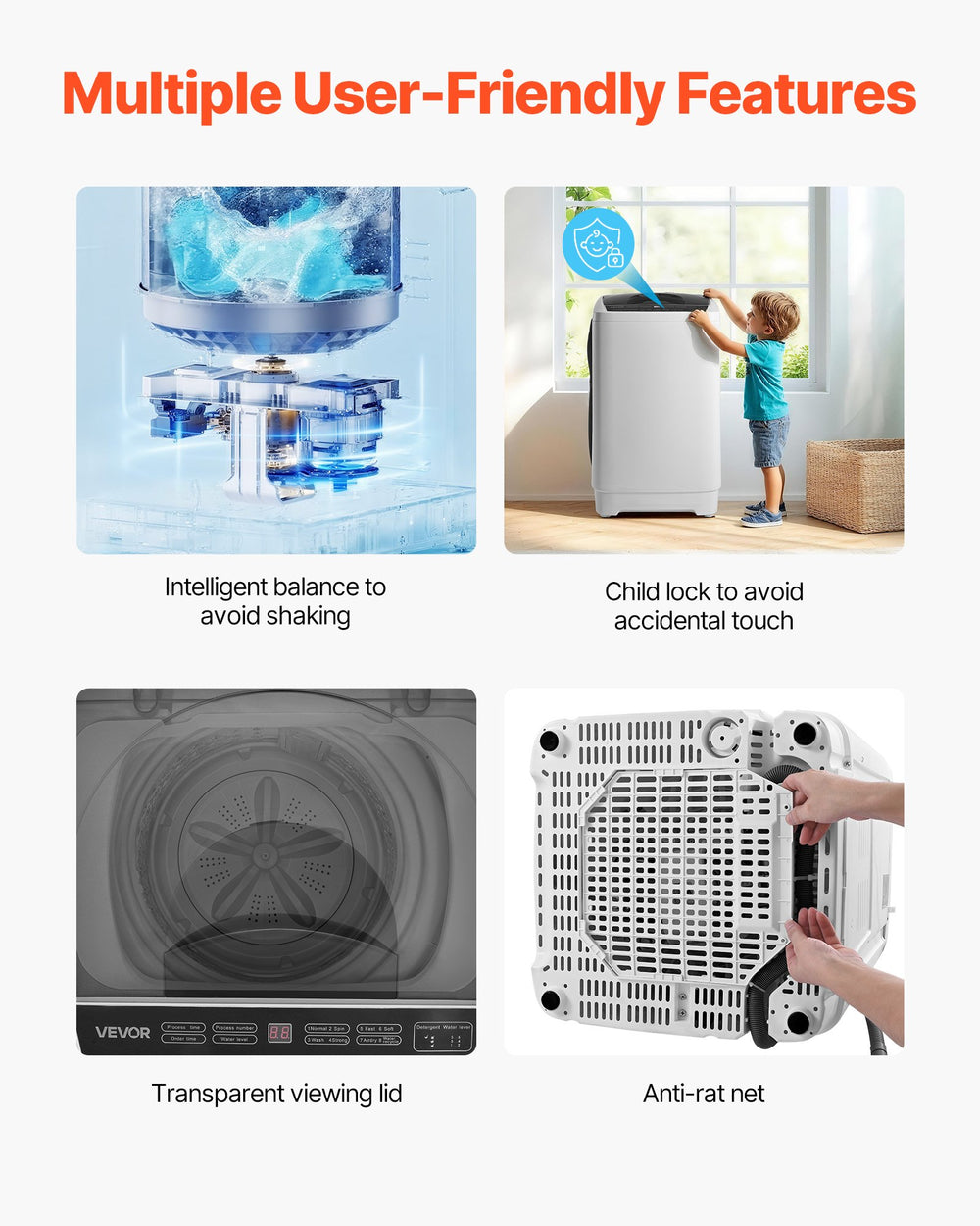 VEVOR Portable Washing Machine - user-friendly features (balance system, child lock, viewing lid, anti-rat net)