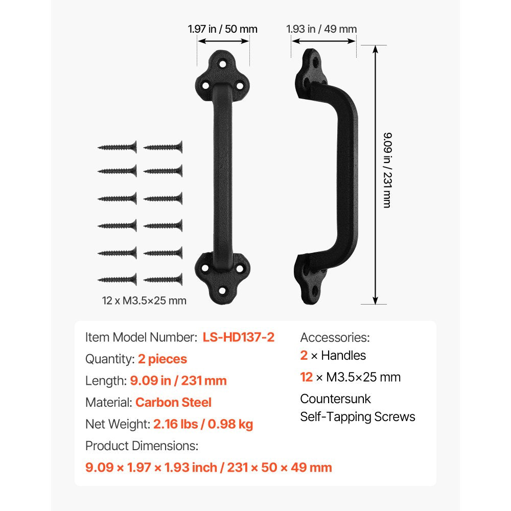 VEVOR Barn Door Handle, 2Pcs 9 in Rustic Fence Gate Handle, Rust-Resistant Coating, Heavy Duty Carbon Steel Outdoor Gate Handles, Easy to Install, Metal Sliding Door Pulls for Garage Shed Pantry