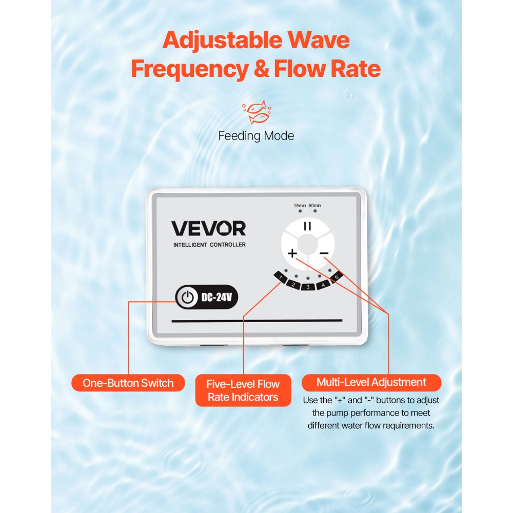 VEVOR Aquarium 24V DC Water Pump, 30W, 800 GPH Marine Wavemaker Return Pump with Controller, Adjustable Flow, Feed Mode, 11.5 ft Maximum Lift, for Saltwater Freshwater Fish Tank Sump Pond Circulation