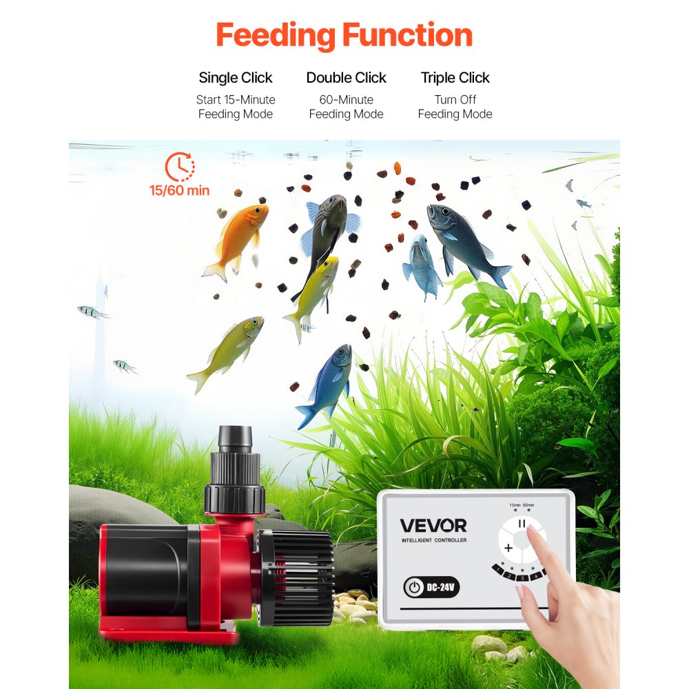 VEVOR Aquarium 24V DC Water Pump, 100W, 2642 GPH Marine Wavemaker Return Pump with Controller, Adjustable Flow, Feed Mode, 19.7 ft Max Lift, for Saltwater Freshwater Fish Tank Sump Pond Circulation