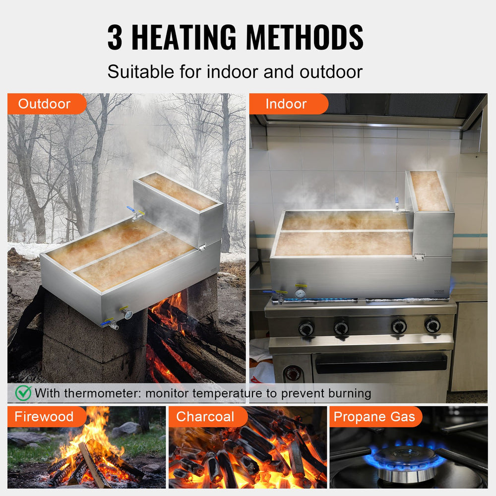 3 heating methods (firewood, charcoal, propane) for indoor/outdoor use