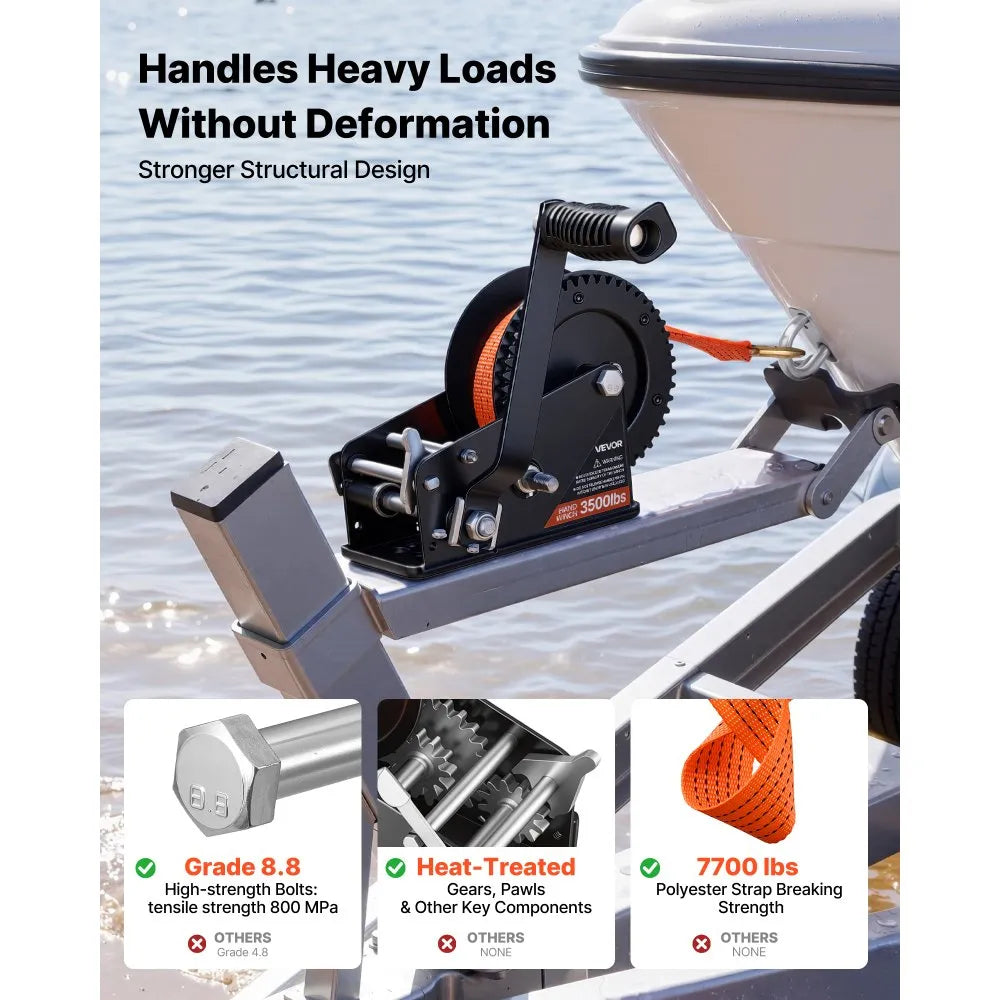 VEVOR Boat Winch, 3500 lbs Hand Winch, Heavy Duty Manual Rope Crank with 20ft Orange Polyester Strap, Portable Two-Way Ratchet, 2 Speed Switchable, Anti-Slip Handle Gear for Boat Trailer ATV Towing