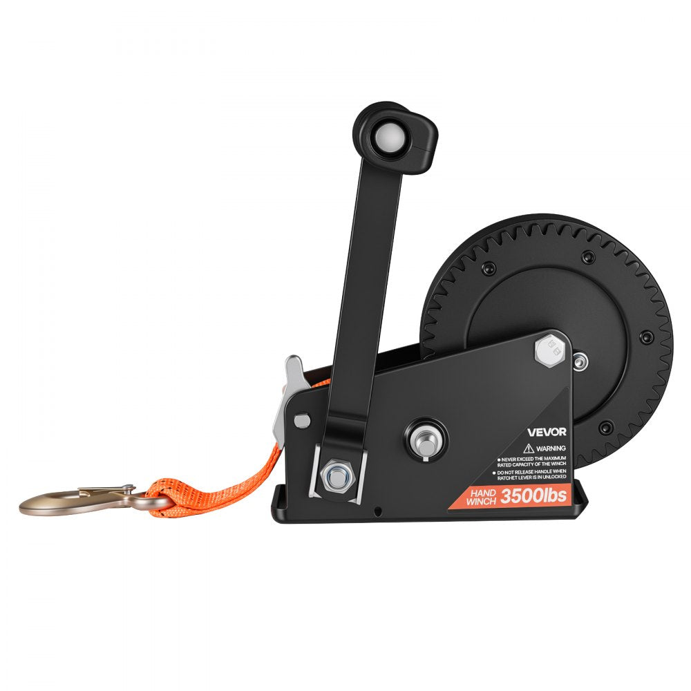 VEVOR Boat Winch, 3500 lbs Hand Winch, Heavy Duty Manual Rope Crank with 20ft Orange Polyester Strap, Portable Two-Way Ratchet, 2 Speed Switchable, Anti-Slip Handle Gear for Boat Trailer ATV Towing