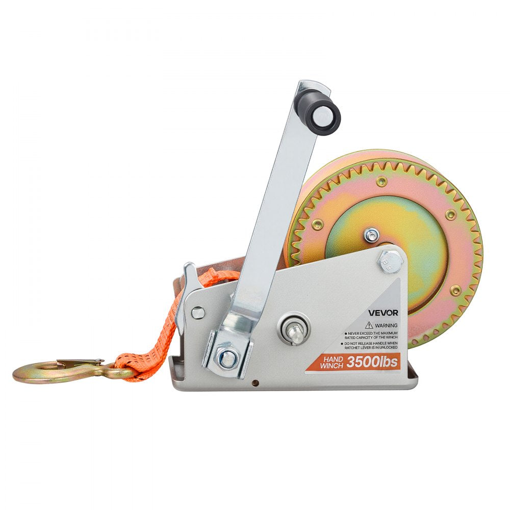 VEVOR Boat Winch, 3500 lbs Hand Winch, Heavy Duty Manual Rope Crank with 20ft Orange Polyester Strap, Portable Two-Way Ratchet, 2 Speed Switchable, Anti-Slip Handle Gear for Boat Trailer ATV Towing